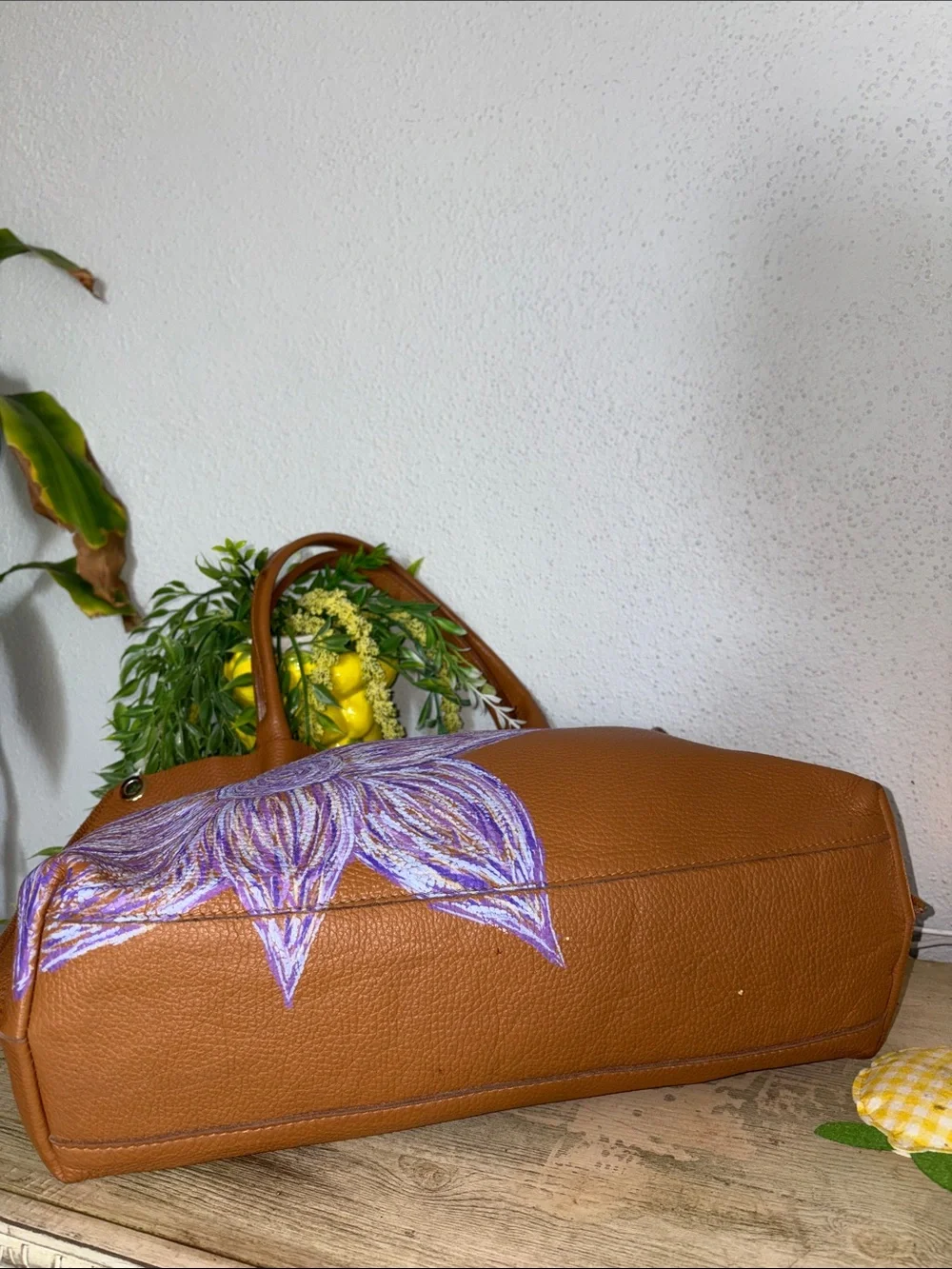 Upcycle Handpainted Alesia Capri Tan Leather Tote with Lavender Floral Accent